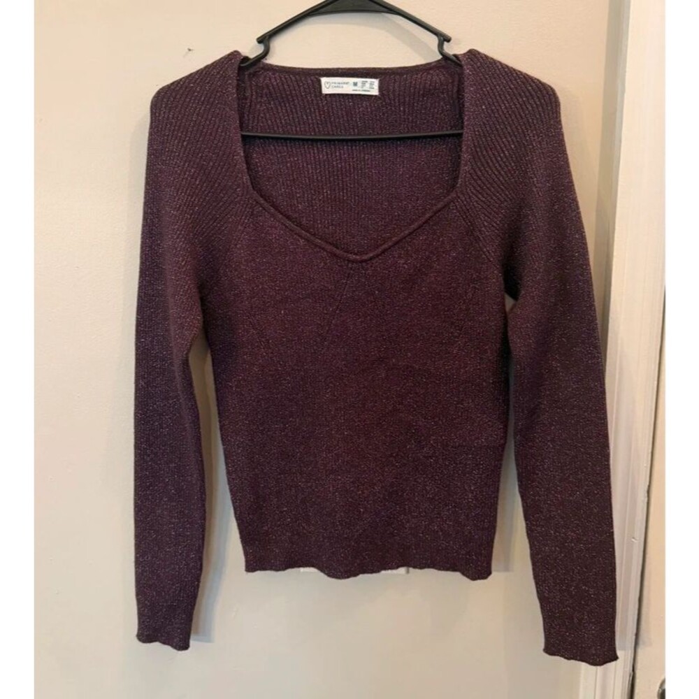 Primark Burgundy Purple Glitter Ribbed Long Sleeve Fitted Top Size M